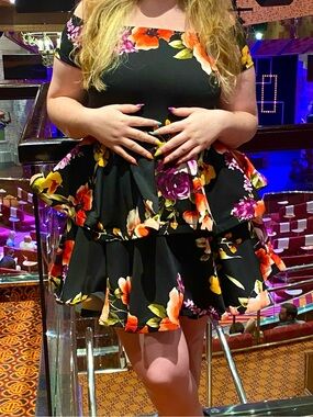Floral Tiered Black Mini Dress - Women's